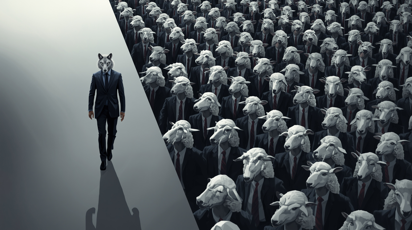 A lone wolf walking against a crowd of sheep